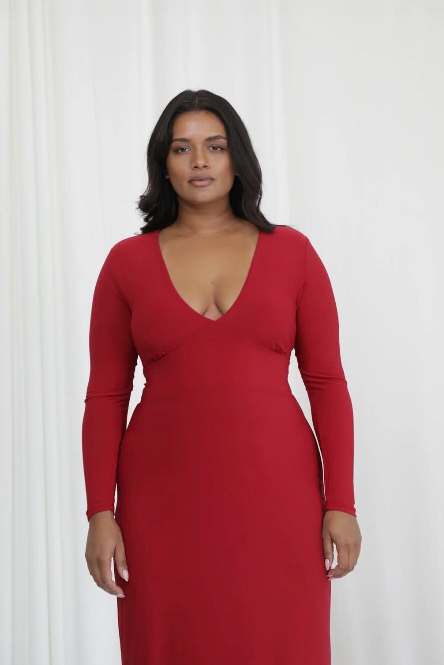 Women's AYM Taylor Adjustable Waist Midi Tea Dress in Merlot Red size S
